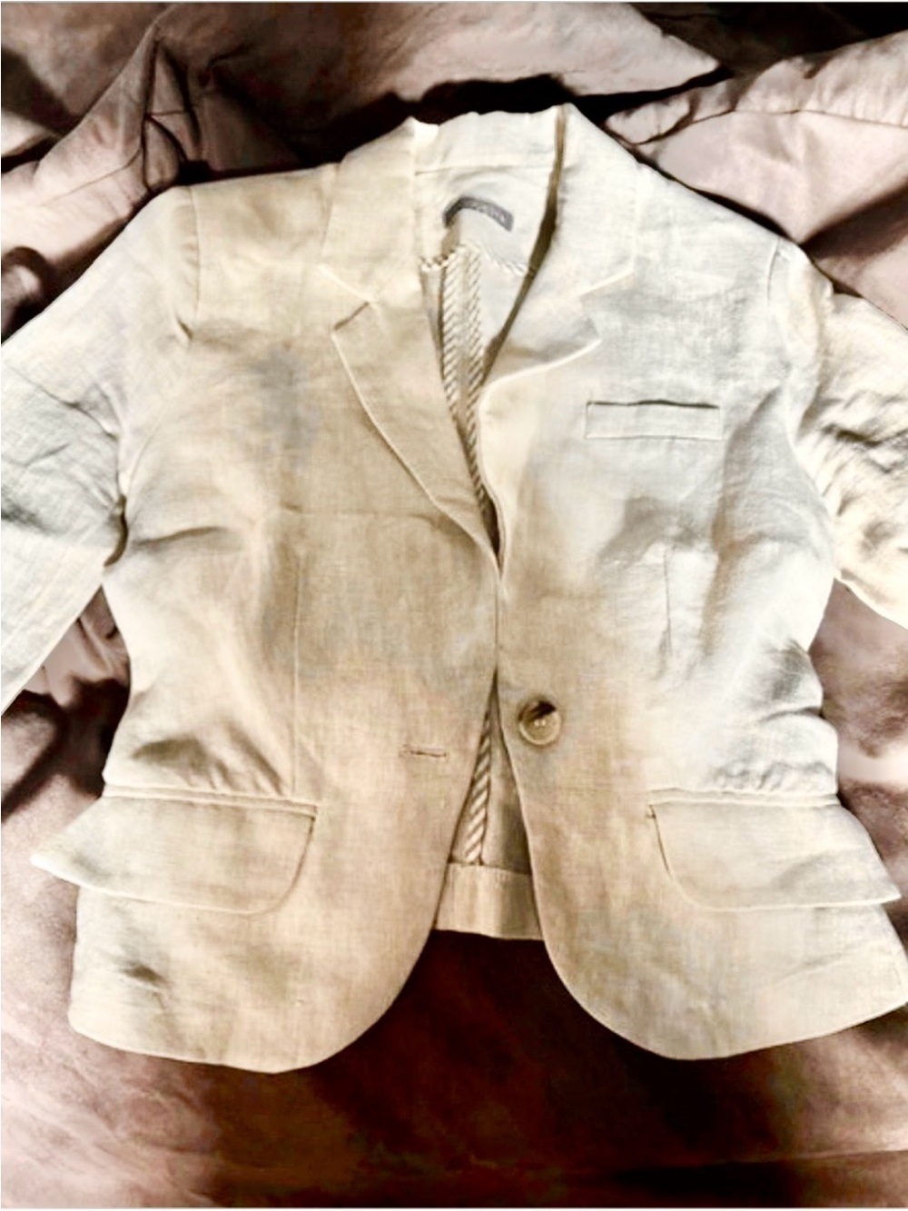Neutral linen 3/4 sleeve tailored blazer jacket Sz XS